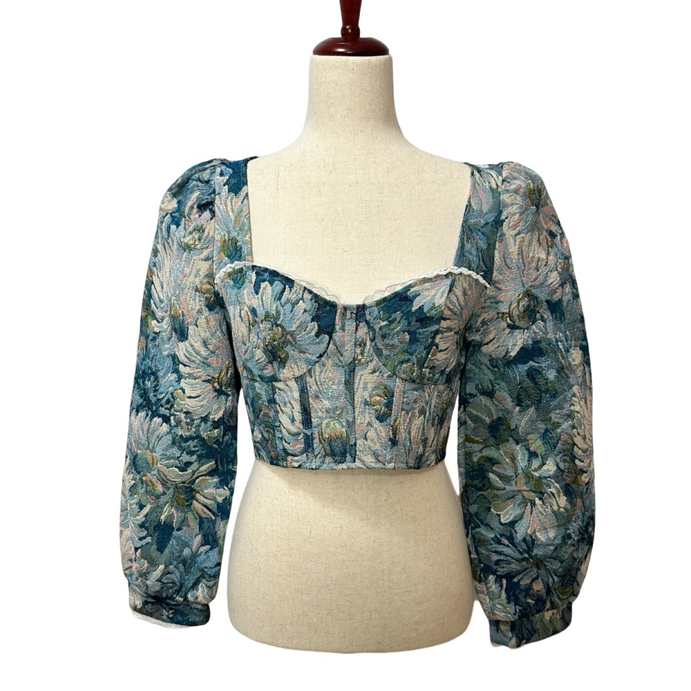 SHEIN Mod Women’s Medium Jacquard Tapestry Art to Wear Corset Crop Blouse Lace